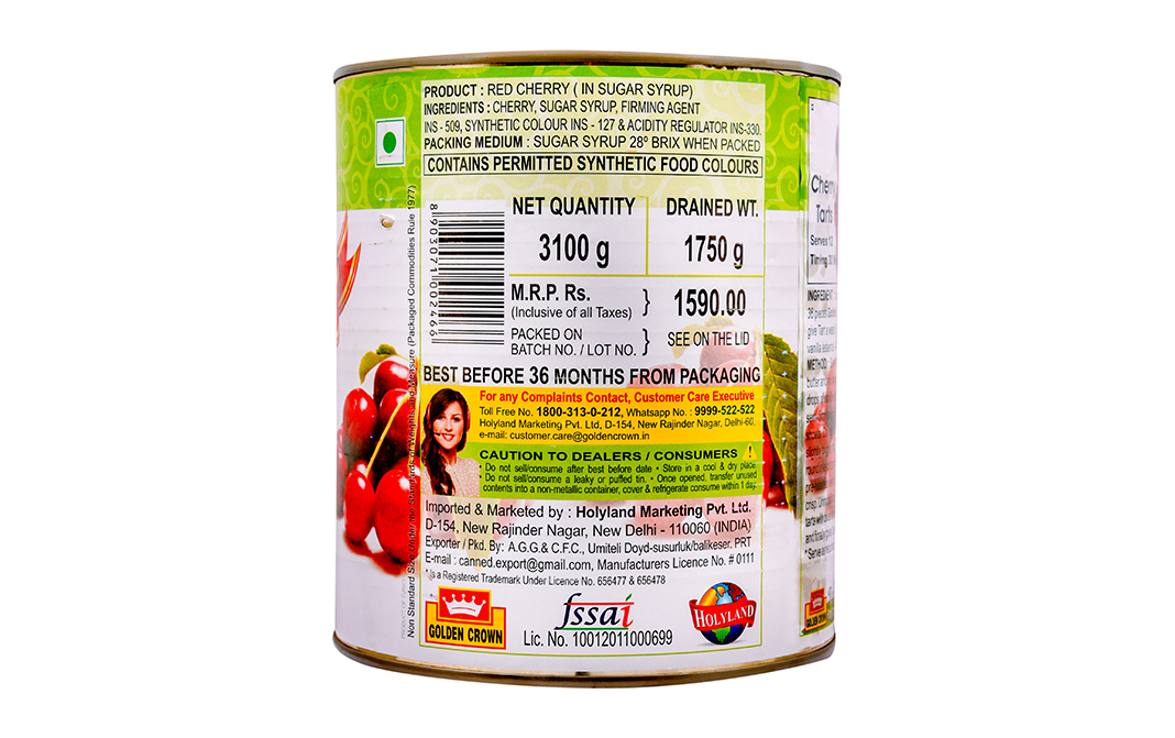 Golden Crown Red Cherry Premium Pitted   Tin  3100 grams